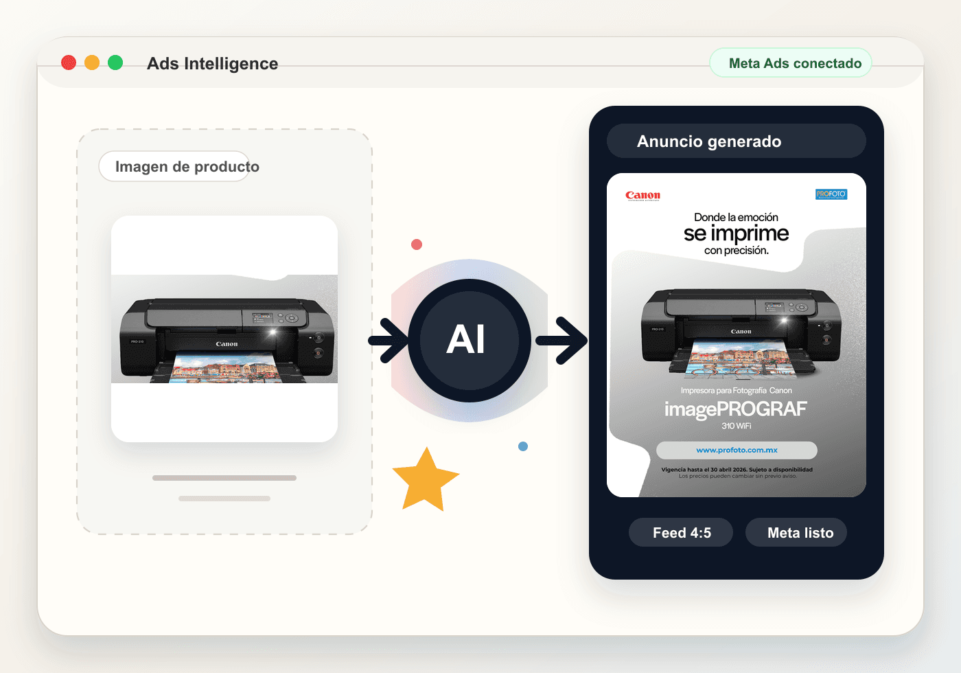 Una imagen de producto se transforma en un anuncio generado listo para Meta Ads.